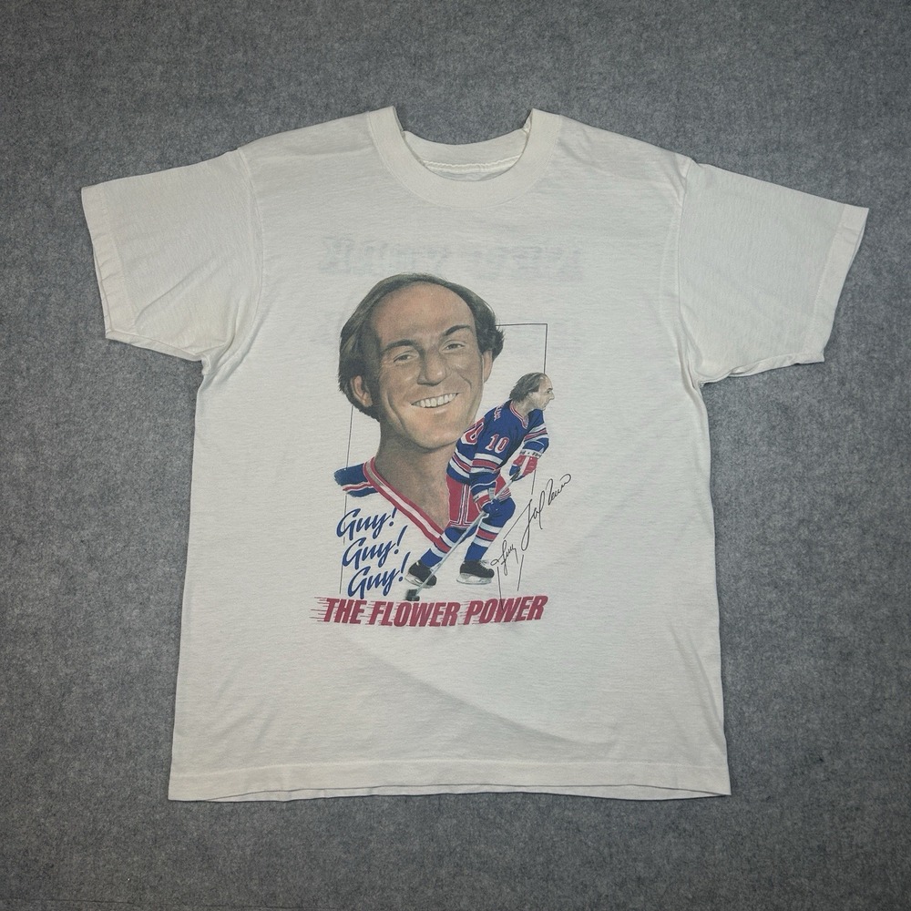 Vintage Guy Lafleur New York Rangers T Shirt Mens Size Large White 1988 NHL